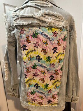 Grateful Dead Dancing Bears Denim Distressed Jean Jacket with Lace Up Front (L)